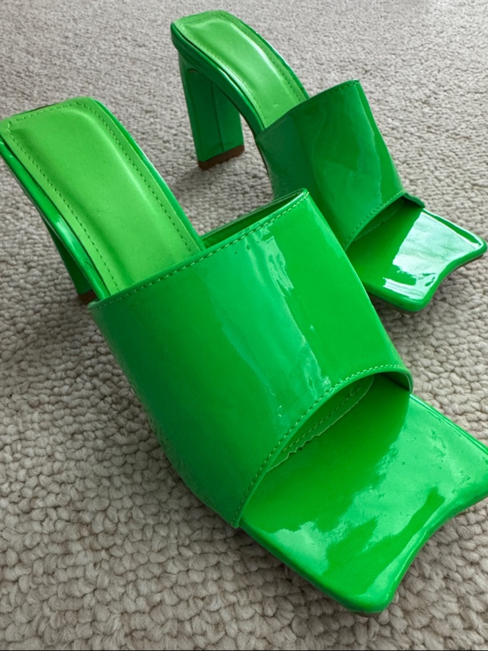 Green Patent Square-Toe High Heel Mules